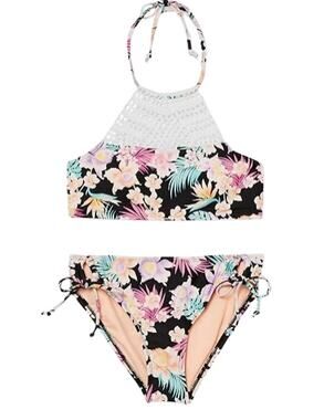 HOBIE Girls Bikini Swim Set Size 10 Black Floral Print Island Hopping NWT